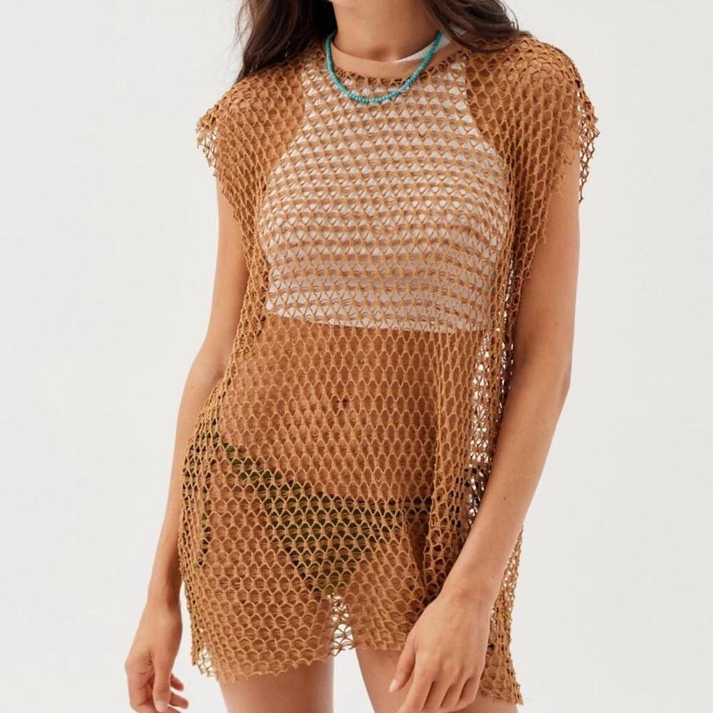Urban Outfitters brown/tan crochet knit swimsuit coverup, size large - Picture 8 of 9